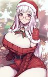  1girl bangs bell breasts capelet christmas fur-trimmed_capelet fur_trim glasses hat huge_breasts indie_virtual_youtuber long_hair long_sleeves looking_at_viewer mi2mi2_minmi mole mole_under_eye purple_eyes red_capelet red_sweater santa_costume santa_hat sitting smile snowflakes solo sweater very_long_hair virtual_youtuber white_hair yomi_tsumugiha 