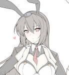  1girl animal_ears between_breasts black_hair breasts cleavage closed_mouth embarrassed halcon headgear heart kantai_collection large_breasts long_hair looking_at_viewer nagato_(kancolle) necktie necktie_between_breasts orange_eyes playboy_bunny rabbit_ears red_necktie simple_background solo upper_body white_background 