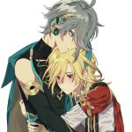  2boys ahoge alhaitham_(genshin_impact) aqua_eyes bangs bare_shoulders black_shirt blonde_hair blue_cape blush cape closed_mouth commentary_request detached_sleeves earrings eyes_visible_through_hair feather_hair_ornament feathers fingernails genshin_impact gold grey_hair hair_between_eyes hair_ornament hands_up hug jewelry kaveh_(genshin_impact) long_sleeves looking_at_another looking_down looking_to_the_side male_focus mandarin_collar multiple_boys nuk0ji open_mouth red_cape red_eyes shirt simple_background sleeveless sleeveless_shirt white_background white_shirt yaoi 