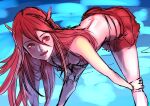  1girl :d aduti_momoyama bare_arms bare_shoulders bent_over bikini bikini_skirt breasts cleavage cordelia_(fire_emblem) fire_emblem fire_emblem_awakening fire_emblem_heroes hair_between_eyes hair_ornament hands_on_own_knees highres legs_apart long_hair looking_at_viewer official_alternate_costume open_mouth red_eyes red_hair small_breasts smile solo standing swimsuit wing_hair_ornament 