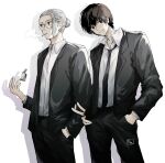  2boys absurdres bangs black_eyes black_hair black_jacket black_necktie black_pants black_suit cigarette closed_mouth collared_shirt cowboy_shot formal glasses hair_between_eyes hair_bun hair_pulled_back hand_in_pocket highres jacket lighter looking_away male_focus multiple_boys nagumo_(sakamoto_days) neck_tattoo necktie pants round_eyewear sakamoto_days sakamoto_taro shirt short_hair smile smoking spaklemikan1263 standing suit tattoo v white_background white_hair white_shirt 