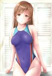  1girl absurdres bangs bloom blue_one-piece_swimsuit blush breasts brown_eyes brown_hair ca_paria collarbone competition_swimsuit covered_navel cowboy_shot groin highleg highleg_swimsuit highres idolmaster idolmaster_cinderella_girls light_particles long_hair looking_at_viewer medium_breasts nitta_minami one-piece_swimsuit parted_lips solo swimsuit 
