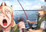  1girl 2boys animal beam_(chainsaw_man) blue_sky boat chainsaw_man cloud cross-shaped_pupils denji_(chainsaw_man) fish fishing fishing_rod hair_between_eyes hat holding holding_animal holding_fish holding_fishing_rod horns long_hair looking_at_viewer meme multiple_boys open_mouth pochita_(chainsaw_man) power_(chainsaw_man) red_horns sealc4nfly sharp_teeth shirt short_hair sky surprised symbol-shaped_pupils teeth topless_male two_soyjaks_pointing_(meme) vest water watercraft white_shirt yellow_eyes 