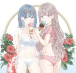  2girls ass bangs bare_arms bare_legs bare_shoulders blue_eyes blue_hair bra brown_eyes covered_mouth eyewear_on_head fern floral_print flower food hair_behind_ear holding holding_food holding_ice_cream ice_cream ice_cream_cone innertube leaf light_blush light_brown_hair light_smile long_hair looking_at_viewer midriff multiple_girls navel original panties pink_panties plaid plaid_swimsuit print_innertube red_flower red_innertube round_eyewear short_hair short_sleeves simple_background string_panties sunglasses swimsuit tinted_eyewear underwear white_background white_bra white_flower white_panties yuum1709 