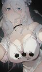  1girl bangs bare_shoulders breasts choker cleavage clothes_writing collarbone ear_piercing grey_eyes grey_hair hair_between_eyes highres hololive jewelry kakage large_breasts lion_girl long_hair looking_at_viewer navel necklace off-shoulder_shirt off_shoulder parted_lips piercing shirt shishiro_botan short_sleeves sidelocks solo virtual_youtuber white_shirt 