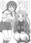  ! !! 2girls ? @_@ ahoge bag blush braid breasts chinese_text commentary emma_verde freckles greyscale hair_between_eyes hand_up hands_on_own_knees large_breasts long_hair looking_at_viewer love_live! love_live!_nijigasaki_high_school_idol_club low_twin_braids marugoshi_teppei mole mole_under_eye monochrome multiple_girls nijigasaki_academy_school_uniform open_mouth partially_translated scared school_bag school_uniform sidelocks speech_bubble squatting sweat translation_request trembling twin_braids two_side_up white_background zhong_lanzhu 