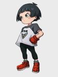  1girl black_hair blush_stickers child closed_mouth dragon_ball dragon_ball_super dragon_ball_super_super_hero female_child full_body gloves grey_eyes hand_on_hip kemachiku pan_(dragon_ball) red_gloves shirt short_hair short_sleeves solo standing v-shaped_eyebrows 