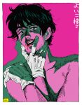  1boy black_hair blood gloves hand_on_own_face hand_on_own_shoulder hatching_(texture) kaneoya_sachiko limited_palette looking_to_the_side male_focus nosebleed open_mouth original pink_background pink_theme portrait short_hair solo topless_male 