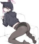  1girl animal_ears ass black_hair black_jacket black_panties black_pantyhose blue_archive cat_ears closed_mouth colored_inner_hair couch hair_ornament hairclip halo highres hood hood_down hooded_jacket jacket kazusa_(blue_archive) multicolored_hair no_shoes panties pantyhose pink_eyes pink_hair short_hair simple_background sleeves_past_wrists solo underwear urec white_background 