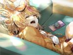  1girl animal_ears blonde_hair brown_hair casual cellphone closed_mouth couch drooling fox_ears funi_mu9 highres hololive hood hooded_jacket jacket lying medium_hair multicolored_hair omaru_polka on_side open_mouth phone pink_hair sleeping smartphone solo streaked_hair upper_body virtual_youtuber 