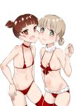  0:00 aki_(girls_und_panzer) bangs bikini blunt_bangs breasts bright_pupils cheek-to-cheek choker christmas collar commentary cowboy_shot front-tie_bikini_top front-tie_top fur-trimmed_bikini fur_collar fur_trim girls_und_panzer green_eyes hair_tie halterneck hand_on_hip heads_together highres light_brown_hair looking_at_viewer low_twintails mikko_(girls_und_panzer) navel red_bikini red_choker red_eyes red_hair red_thighhighs santa_bikini short_hair short_twintails simple_background small_breasts standing string_bikini swimsuit thighhighs twintails white_background white_collar white_pupils 