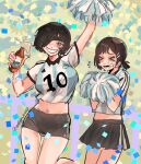  &gt;_&lt; 2022_fifa_world_cup 2girls argentina arm_up bangs beer_bottle black_hair black_skirt blush breasts chainsaw_man closed_eyes confetti cropped_shirt eyepatch green_eyes higashiyama_kobeni himeno_(chainsaw_man) holding holding_pom_poms large_breasts looking_at_viewer masshumaro midriff multiple_girls pom_pom_(cheerleading) short_hair short_ponytail short_shorts shorts skirt smile teeth twitter_username world_cup 