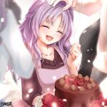  1girl :d apron black_shirt blurry blurry_foreground cake chocolate_cake closed_eyes collarbone dairoku_ryouhei food hand_on_another&#039;s_head long_hair purple_hair shirt smile solo_focus standing white_shirt yoshiki1020 