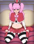  1girl afrobull bangs blunt_bangs breasts crown highres large_breasts long_hair long_sleeves looking_at_viewer miniskirt navel on_bed one_piece perona pillow pink_hair red_skirt sitting skirt smile solo stomach twintails wariza 