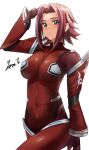  1girl blue_eyes bodysuit breasts code_geass cowboy_shot drivesuit forehead hair_intakes highres kallen_stadtfeld large_breasts looking_at_viewer pilot_suit red_bodysuit red_hair short_hair simple_background skin_tight solo spiked_hair white_background yoo_tenchi 