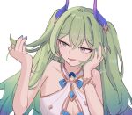  1girl :d bangs bare_arms bare_shoulders blue_nails breasts commentary_request dress green_hair hair_between_eyes hand_up highres honkai_(series) honkai_impact_3rd horns long_hair looking_away looking_to_the_side medium_breasts mobius_(honkai_impact) nail_polish purple_nails rena_(_rrena) signature simple_background sleeveless sleeveless_dress smile solo two_side_up very_long_hair white_background white_dress 