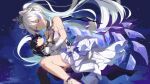  1girl absurdres animal_ear_fluff animal_ears bangs bare_shoulders black_thighhighs blue_hair breasts character_doll cleavage closed_eyes commentary_request dress facing_viewer feet_out_of_frame hair_between_eyes highres honkai_(series) honkai_impact_3rd kiana_kaslana layered_dress long_hair medium_breasts multicolored_hair parted_lips pleated_dress ponytail raiden_mei single_thighhigh sleeveless sleeveless_dress solo streaked_hair thighhighs very_long_hair white_dress white_hair xuu_shi_times 