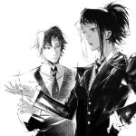  1boy 1girl black_hair black_necktie chainsaw_man collared_shirt crossed_arms formal hand_on_hip high_ponytail highres kurose_yuutarou looking_at_another looking_to_the_side messy_hair necktie open_mouth scar scar_on_face shirt short_hair sidelocks simple_background suit tendou_michiko tuzaixia white_background white_shirt 