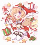  1girl arm_up bangs bell blonde_hair bloomers boots bow bright_pupils cake candy candy_cane capelet christmas crop_top floating food fruit fur-trimmed_capelet fur_trim gift gloves gochuumon_wa_usagi_desu_ka? highres holding holding_staff holly hood hood_up hooded_capelet hoto_cocoa kirara_fantasia legs_up looking_at_viewer microskirt midriff neck_bell neru_(neruneruru) one_eye_closed open_mouth pancake purple_eyes red_capelet red_footwear red_skirt shirt short_hair skirt smile solo staff star_ornament strawberry thighhighs underwear whipped_cream white_bloomers white_bow white_gloves white_pupils white_shirt white_thighhighs 