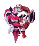  1boy 1girl alien arcee autobot breasts closed_eyes colored_skin hand_on_hip highres hug humanoid_robot mecha-vision medium_breasts panties pink_lips pink_panties ratchet_(transformers) robot transformers transformers_animated underwear 