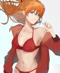  1girl armpits bangs beads bikini blue_eyes breasts candy cleavage closed_mouth food hair_beads hair_between_eyes hair_ornament highres holding holding_candy holding_food holding_lollipop jacket lollipop looking_at_viewer neon_genesis_evangelion off_shoulder open_clothes open_jacket orange_hair red_bikini solo souryuu_asuka_langley swimsuit tosiyu3617 white_background 