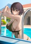  1girl bangs bare_arms bare_shoulders black_hair blush breasts cleavage closed_mouth from_side green_nails highres large_breasts looking_at_viewer mole mole_under_eye nail_polish original outdoors pool short_hair solo tokkihouse water 