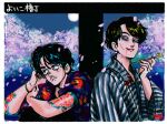  2boys arm_tattoo bangs black_eyes black_hair blood blood_in_mouth blood_on_clothes brown_eyes cherry_blossoms facial_hair floral_print full_moon holding holding_smoking_pipe japanese_clothes kaneoya_sachiko kimono kiseru knees_up looking_at_another looking_to_the_side male_focus moon multiple_boys night original parted_bangs petals print_shirt scar scar_on_cheek scar_on_face shirt short_hair sitting smile smoking_pipe stitches stubble tattoo 