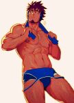  1boy abs bara black_hair clothes_pull facial_hair headphones highres holding holding_towel large_pectorals male_focus muscular muscular_male navel nipples original pectorals short_hair solo towel towel_around_neck wrestler wrestling_outfit xelgot 