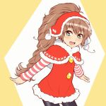  1girl blush brown_hair christmas dress fur_trim green_eyes hat long_hair looking_at_viewer matsushitakun_(matsunosasakure) open_mouth pantyhose ponytail scryed simple_background smile solo striped yuuta_kanami 