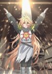  1girl \o/ armor arms_up blonde_hair closed_mouth cosplay dark_souls_(series) full_armor girls&#039;_frontline girls&#039;_frontline_neural_cloud highres long_hair outstretched_arms praise_the_sun sol_(girls&#039;_frontline_nc) solaire_of_astora solaire_of_astora_(cosplay) solo sun_symbol tab_(tabkun) very_long_hair yellow_eyes 