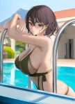  1girl bangs bare_arms bare_shoulders black_hair blush breasts cleavage closed_mouth from_side green_nails highres large_breasts looking_at_viewer mole mole_under_eye nail_polish outdoors pool short_hair solo tokkihouse water 