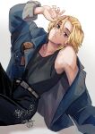  1boy arm_up black_tank_top blonde_hair blue_jacket closed_mouth cowboy_shot empty_eyes highres jacket long_sleeves looking_at_viewer male_focus medium_hair off_shoulder sano_manjirou sitting smile solo tank_top tokyo_revengers user_tzhd7273 white_background 