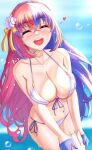  1girl alear_(fire_emblem) alear_(fire_emblem)_(female) alternate_breast_size anisdrawn bangs bikini blue_hair blush braid breasts closed_eyes crossed_bangs crown_braid fire_emblem fire_emblem_engage heterochromia highres large_breasts long_hair multicolored_hair navel red_hair smile solo split-color_hair swimsuit thighs two-tone_hair very_long_hair water wet 