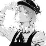  1girl arm_up black_ribbon chainsaw_man collared_shirt dress earrings fami_(chainsaw_man) greyscale hat head_tilt highres jewelry looking_at_viewer military_hat mole mole_under_eye mole_under_mouth monochrome multiple_moles pinafore_dress ribbon ringed_eyes shirt short_hair simple_background solo tassel tassel_earrings tuzaixia white_background white_hair 