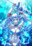  1girl absurdres armor arms_up bare_shoulders bikini_armor black_clover blue_choker blue_eyes bubble choker grey_hair hair_ribbon highres holding holding_polearm holding_weapon ikecchi_(hayato_moon) looking_at_viewer mermaid monster_girl noelle_silva polearm ribbon solo stomach tiara twintails underwater weapon 