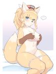  2022 anthro blue_eyes blush breasts canid canine clothed clothing covering covering_breasts digital_media_(artwork) embarrassed female female_anthro fox fur hair hi_res kemono looking_at_viewer mammal mostly_nude multicolored_body multicolored_fur partially_clothed solo underwear underwear_down wkar 