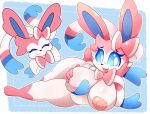 &lt;3 anthro belly blue_sclera bow_ribbon breast_squish breasts cheek_tuft cute_expression eeveelution eyes_closed facial_tuft female generation_6_pokemon hand_on_breast hand_on_cheek happy hi_res lhacedor looking_at_viewer lying multicolored_body navel nintendo nipples pink_nipples pokemon pokemon_(species) short_stack slightly_chubby smile solo squish sylveon thick_thighs tongue tongue_out tuft video_games white_eyes wide_hips 