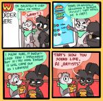  4_panel_comic absurd_res anthro band-aid band-aid_on_nose bandage bandanna bandanna_on_neck black_body black_fur border burger cheek_tuft chest_tuft dialogue didelphid duo english_text eyes_closed facial_tuft food fur grey_body grey_fur half-closed_eyes hi_res humor kerchief lagomorph leporid male mammal marsupial multicolored_body multicolored_fur narrowed_eyes nick_(the_xing1) open_mouth open_smile orange_border pink_body pink_skin rabbit roy_(the_xing1) smile speech_bubble text the_xing1 tuft two_tone_body two_tone_fur wide_eyed 