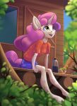  2022 anthro anthrofied clothing digital_media_(artwork) equid equine female food forest friendship_is_magic green_eyes hair hasbro hi_res horn hot_dog inner_ear_fluff kittytitikitty long_hair mammal multicolored_hair my_little_pony open_mouth open_smile plant sitting smile solo sweetie_belle_(mlp) tree tree_house tuft two_tone_hair two_tone_tail unguligrade unicorn water_bottle white_body young 