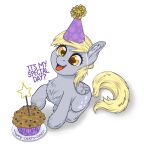  blonde_hair candle clothing cutie_mark derpy_hooves_(mlp) digital_media_(artwork) equid equine eyelashes feathers female feral folded_wings food friendship_is_magic fur grey_body grey_feathers grey_fur hair hasbro hat headgear headwear hi_res hooves inner_ear_fluff mammal muffin my_little_pony open_mouth open_smile party_hat pegasus plate simple_background sitting smile solo taytinabelle tuft white_background wings yellow_eyes yellow_tail 