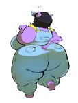  anthro big_butt black_hair blue_hair butt catty_(undertale) clothed clothing domestic_cat ear_piercing fapin felid feline felis female fur hair mammal overweight overweight_anthro overweight_female piercing purple_body purple_fur purple_tail simple_background solo undertale_(series) white_background 