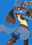  2022 absurd_res ambiguous_gender anthro black_body black_fur blue_background blue_body blue_fur butt canid canine cute_fangs cymbals fur generation_4_pokemon grin happy hi_res looking_back lucario mammal minamo_(pixiv17726065) multi_tone_fur multicolored_body multicolored_fur musical_instrument nintendo percussion_instrument pokemon pokemon_(species) rear_view red_eyes signature simple_background smile solo standing tambourine teeth thick_thighs two_tone_body two_tone_fur video_games wide_hips yellow_body yellow_fur 