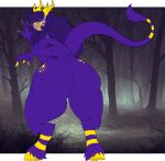  aspenofsimpcon big_butt blush butt eyewear fur glasses hair hi_res hooves horn huge_butt humanoid long_hair male nugget_(aspen) purple_body solo tail_tuft thick_thighs tuft wide_hips yellow_eyes 