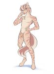  5_fingers anthro balls chest_tuft digital_media_(artwork) equid equine fingers genitals hair hi_res hooves humanoid_hands kittytitikitty male mammal navel nipples pink_body pink_stripes simple_background smile solo standing striped_body stripes tuft white_background zebra 