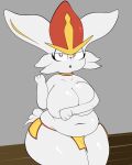  absurd_res anthro blitzyflair breasts chubby_female cinderace covering covering_breasts female generation_8_pokemon hi_res lagomorph mammal nintendo open_mouth pokemon pokemon_(species) red_eyes sitting slightly_chubby solo teeth thick_thighs video_games white_body 