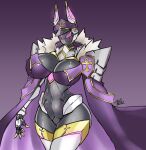  2022 animal_humanoid anubian_jackal axelneko big_breasts black_body breasts canid canine canis cape cleavage clothed clothing digital_media_(artwork) female fingers humanoid jackal legwear machine mammal mouthless navel purple_eyes robot simple_background solo standing thick_thighs thigh_highs venus_(zzvinniezz) 