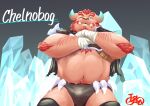  anthro bulge chernobog clothing crossed_arms demon facial_hair fur hi_res horn ice legwear lifewonders low-angle_view male mustache navel one_eye_closed pink_body pink_fur satoshijoga1 solo thigh_highs thong tokyo_afterschool_summoners underwear video_games wink 