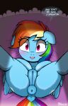  2022 animal_genitalia animal_pussy anus blush butt cutie_mark dock english_text equid equine equine_pussy eyelashes female feral friendship_is_magic genitals hair hasbro looking_at_viewer mammal multicolored_hair multicolored_tail my_little_pony pegasus presenting presenting_pussy pussy rainbow_dash_(mlp) rainbow_hair solo spread_legs spreading text tsudashie wings 