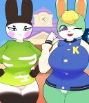  2022 4_fingers absurd_res animal_crossing anthro big_breasts blush breasts brown_body clothed clothing crossgender duo e621 female female/female fingers fur genitals genji_(animal_crossing) green_body hair hi_res huge_breasts i3i2455_ivi394 lagomorph leporid mammal multicolored_body nintendo open_mouth pussy rabbit sasha_(animal_crossing) smile thick_thighs video_games white_body 