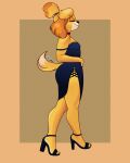  2022 absurd_res animal_crossing anthro blue_clothing blue_dress butt canid canine canis clothed clothing digital_media_(artwork) domestic_dog dress female footwear fur hair hi_res high_heels isabelle_(animal_crossing) mammal nintendo rodd.y shih_tzu simple_background smile solo thick_thighs toy_dog video_games wide_hips yellow_body yellow_fur 